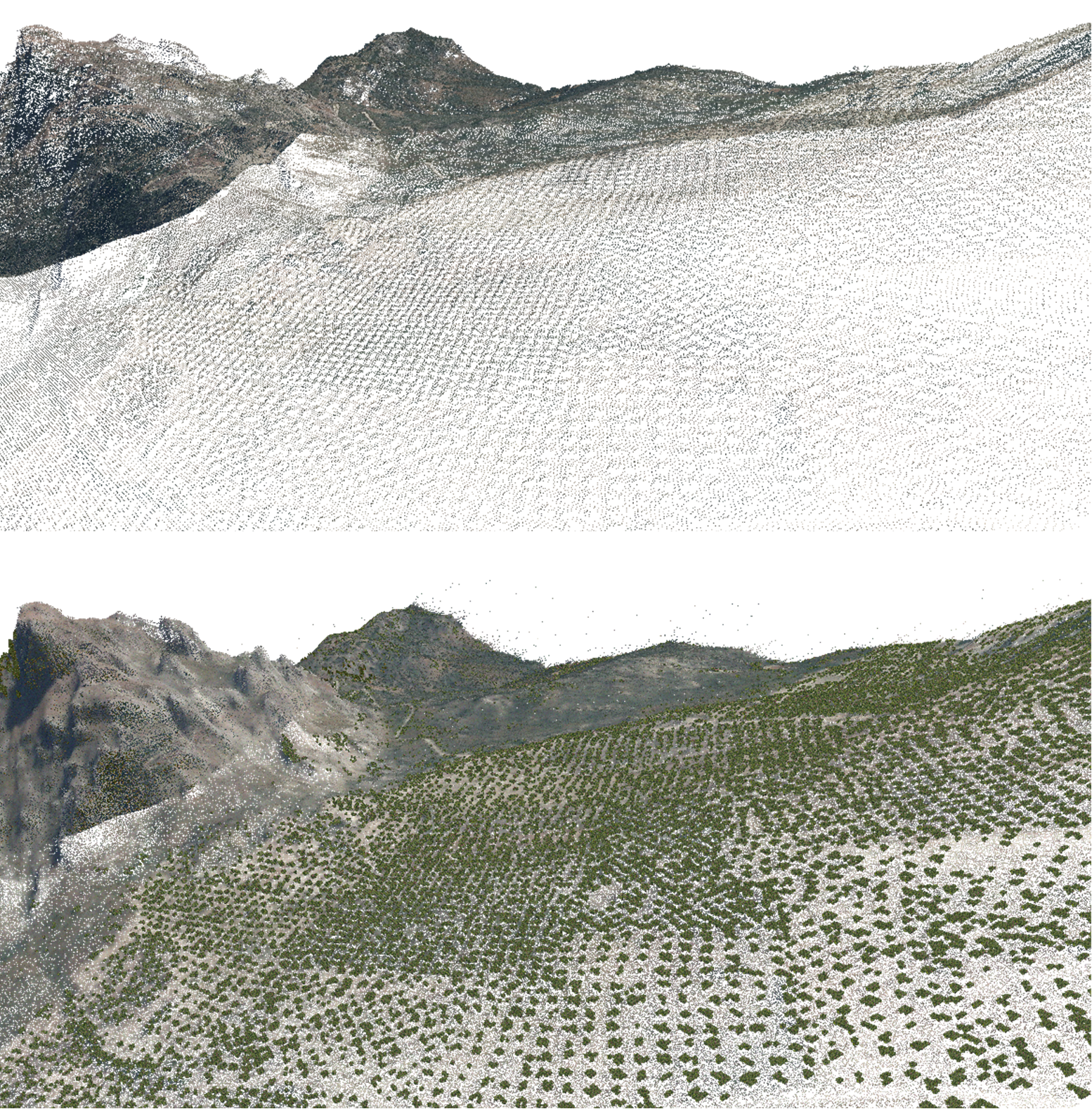 Modeling and Enhancement of LiDAR Point Clouds from Natural Scenarios 