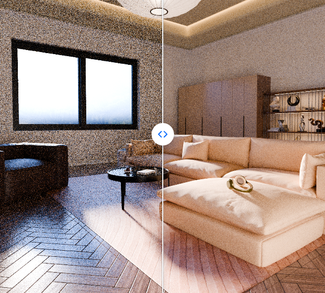 Side-by-side render comparison with few samples and many samples