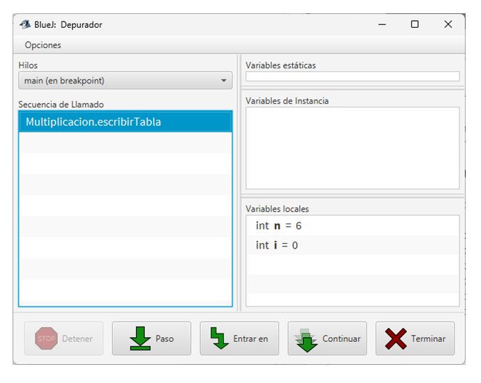 Ventana del depurador de BlueJ con variables, hilos y controles de ejecución.