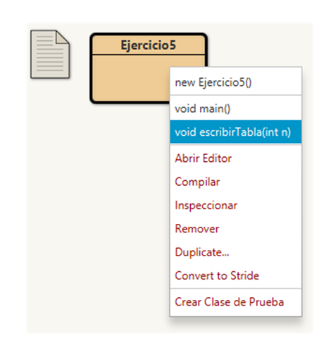 Menú contextual de una clase BlueJ con sus métodos disponibles.